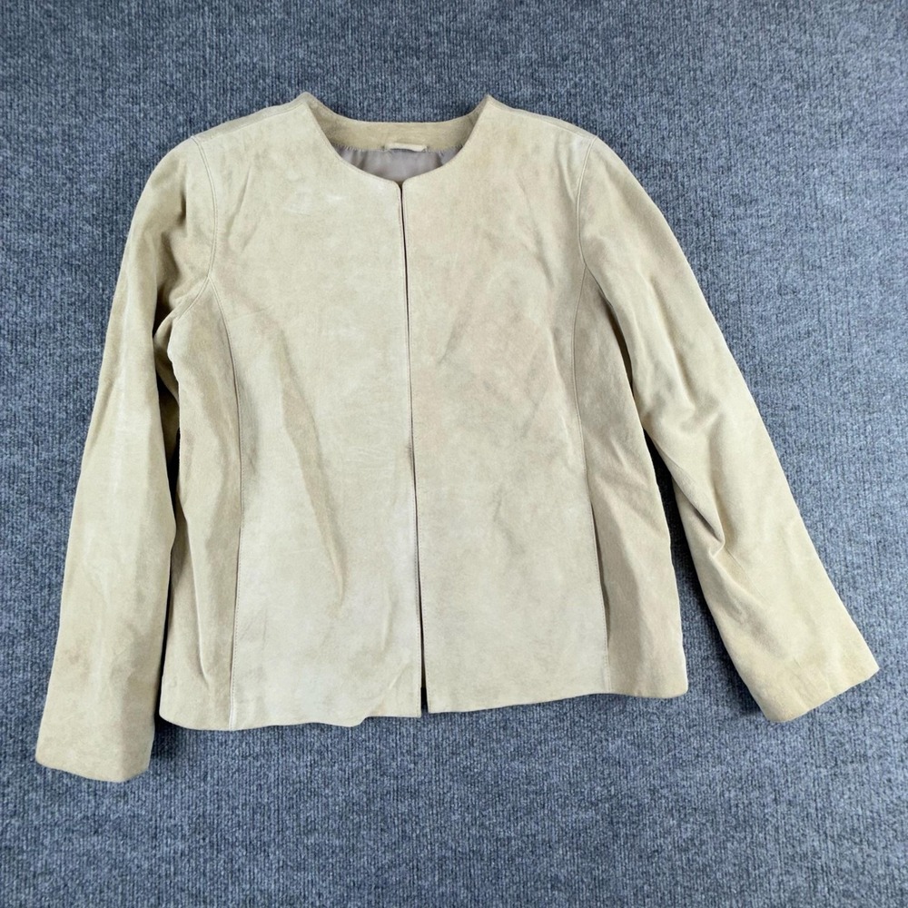 Merona Jacket Womens Large Beige Suede Collarless Hook Eye‎ Lined Casual Short